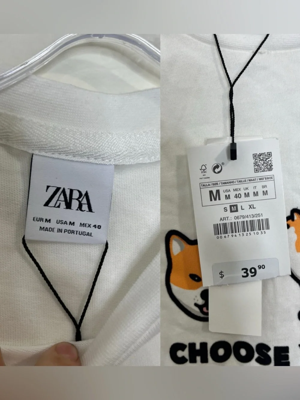 Zara Shiba Inu Graphic T-Shirt White Cotton Tee Paris Patch M NWT - Picture 4 of 10